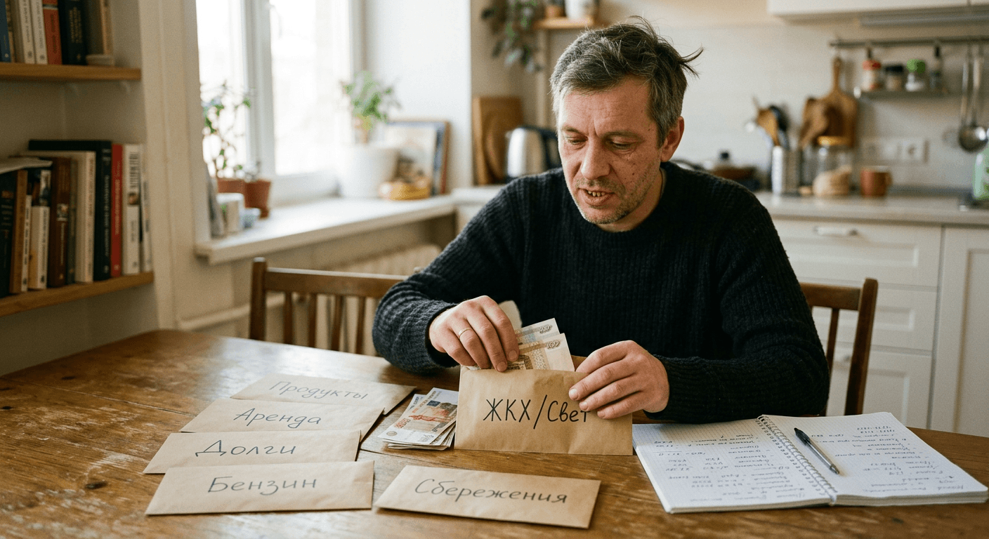 Мужчина раскладывает купюры по бумажным конвертам с подписями «Продукты», «Аренда», «Долги», «ЖКХ/Свет», «Сбережения»